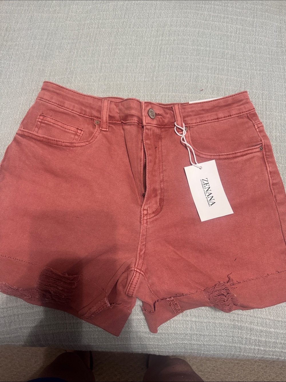 Zenana Outfitters Coral Pink Distressed High-Rise Denim Shorts